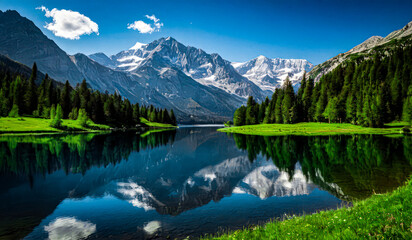 Pristine Reflection of Snow-Capped Mountains on a Serene Alpine Lake with Lush Greenery