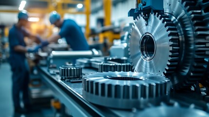 Fototapeta premium Technicians repairing a 3D metal gear in a modern mechanical workshop