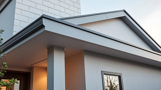 Modern House Exterior: Grey Roof and Brick Facade Design. Contemporary Home Architecture, Real Estate Property