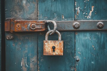 Weathered blue door with rusty padlock showcasing years of wear and history in a quiet location
