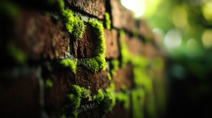 Close-up of a brick wall covered in lush green moss, sunlight filtering through the foliage in the background.