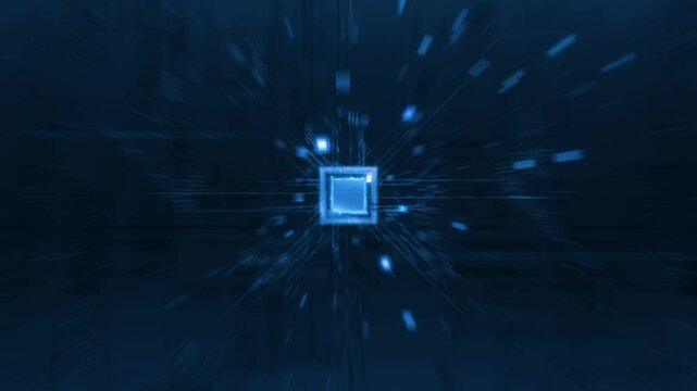 High-tech processor startup animation, concept animation shows the process of turning on the CPU in the motherboard. Digital pulses and signals from the chip propagate through the motherboard.