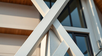 Modern Architectural Design: White Beams and Glass Windows of a Contemporary House Exterior. Geometric Structure and Clean Lines Create a Stunning Visual Appeal.