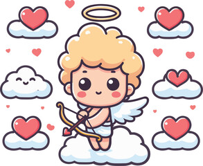 Cute cupid holding a bow and arrow, with clouds and heart. Happy Valentine's Day.