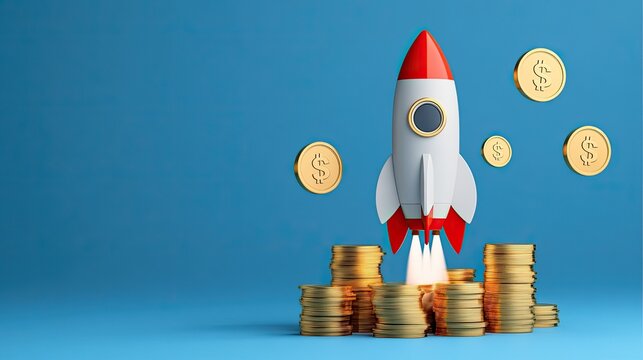 Rocket launching financial growth business environment 3d illustration digital marketing innovative concepts