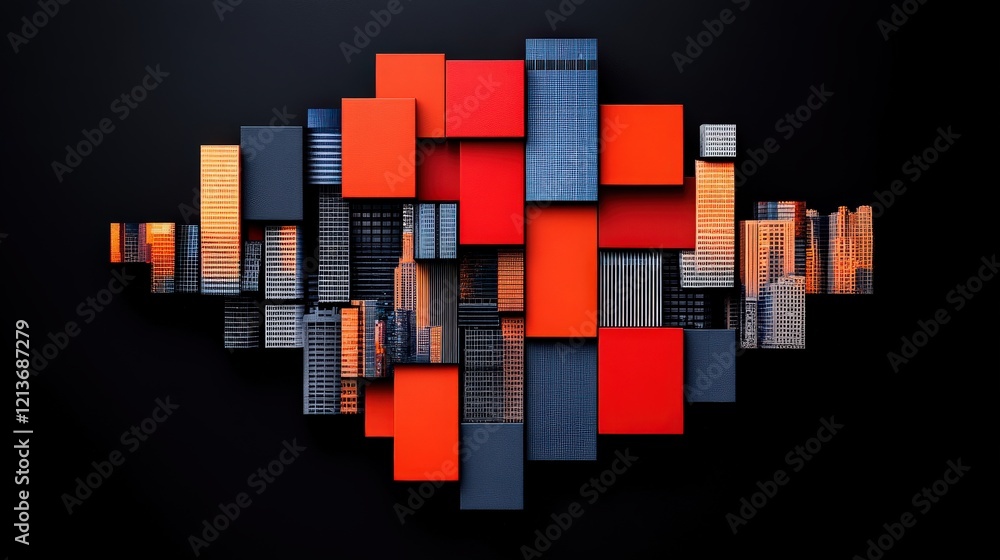 Aufkleber cityscape mosaic: an abstract cityscape is formed by a collection of red and dark-grey blocks, creat