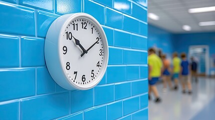 Classroom clock display noticing time school corridor photography blue tiled environment close-up view time awareness
