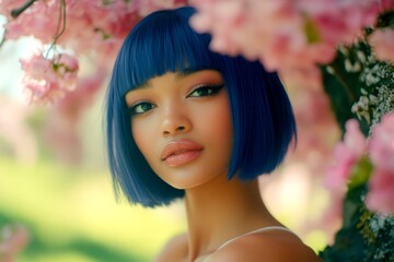 Naklejka premium Short haircut - blue hair. Gorgeous calm mixed-race girl - for ads, marketing material and social media use. Commercial promotion graphic design. Bold hair portraits. Chic portrait campaigns.