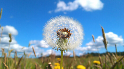 Naklejka premium Fluffy dandelion seed head against blue sky.