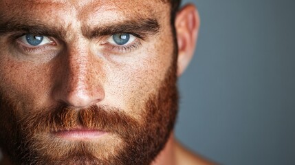 Fototapeta premium Intense Gaze: A close-up portrait of a ruggedly handsome man with a full beard and piercing blue eyes, captured in a moment of focused intensity, revealing raw emotion and determination. 
