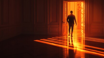 man walking towards bright doorway in luxurious room