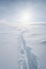 Winter wonderland with a winding path through fresh snow under a serene sky at dusk