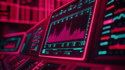 Obraz premium Colorful Trading Room with 3D Holographic Displays