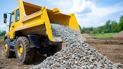 Dump truck unloading gravel construction site high-quality image sunny day aerial view industrial machinery