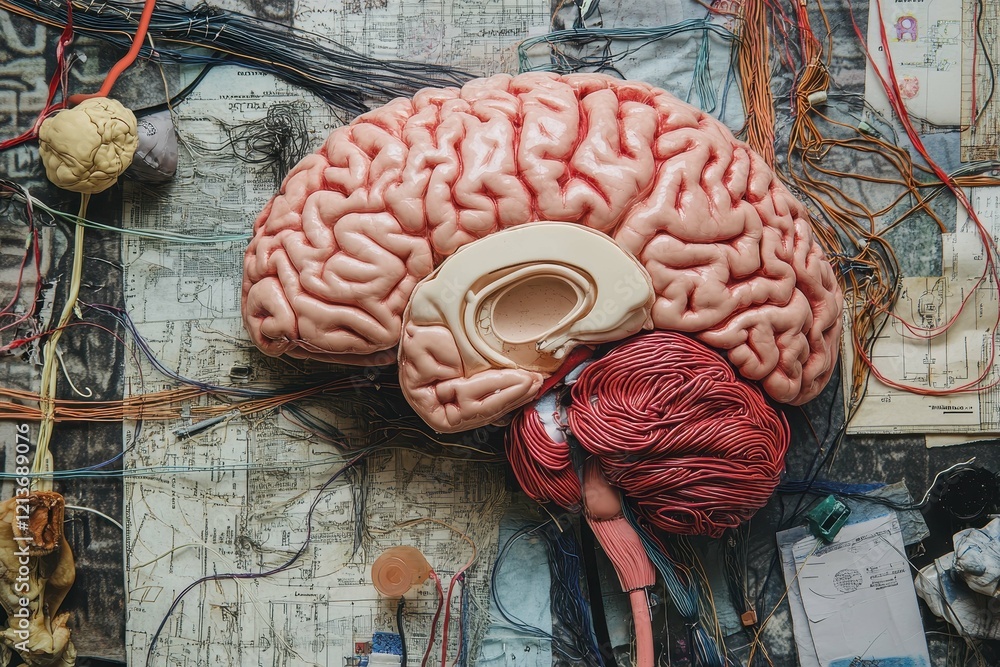 Poster detailed model of a human brain with anatomical structures and wires on a cluttered surface