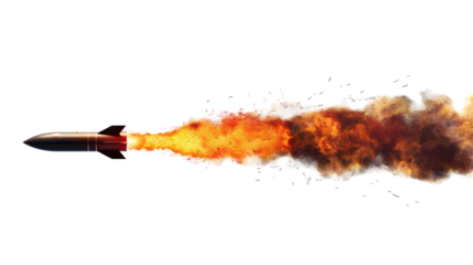 A missile rocket with fire trail isolated on transparent white background, clipping path
