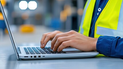 Warehouse worker using laptop for inventory management industrial setting digital content focused environment