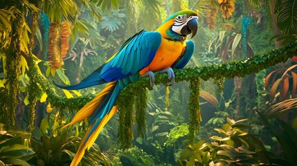 Obraz premium Blue Yellow Macaw Perched on a Tropical Branch