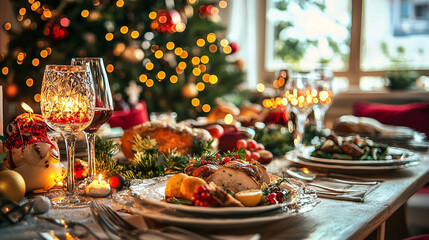 Fototapeta premium Festive Christmas dinner table setting with roasted chicken, win