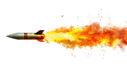 A missile rocket with fire trail isolated on transparent white background, clipping path