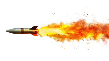 A missile rocket with fire trail isolated on transparent white background, clipping path