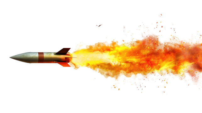A missile rocket with fire trail isolated on transparent white background, clipping path