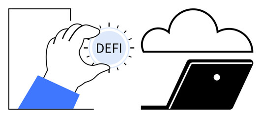 Hand holding a DEFI coin next to a laptop with a cloud over it. Ideal for finance, technology, decentralization, blockchain, cloud computing, digital currency, innovation. Simple abstract line flat