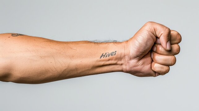 A close-up of a male arm displaying a tattoo of the word 'Hives' on his forearm, clenched in a fist against a plain, soft gray background. - Powered by Adobe