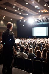 A keynote speaker addressing a crowd of professionals under bright stage lights, Generative AI