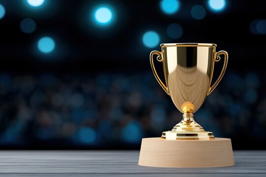 Celebrating achievement golden trophy on display award ceremony indoor stage focused viewpoint success concept