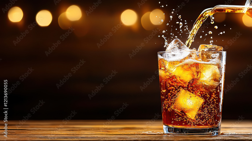 Poster cold brew coffee being poured into glass with ice, creating refreshing drink. bubbles and ice cubes 