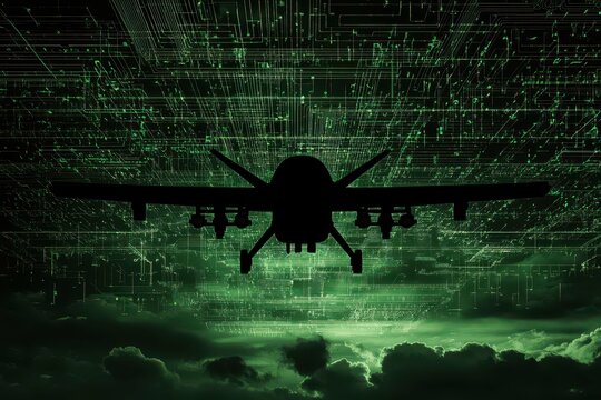 Drone flying over a digital landscape with green data patterns and clouds in the background at dusk