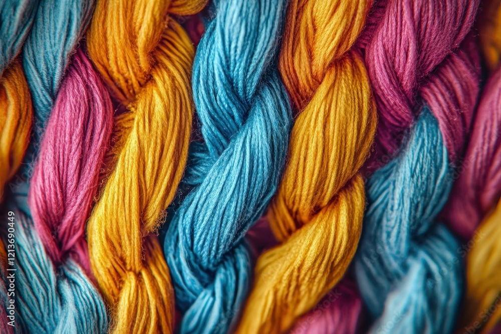 Poster vibrant threads intertwine in colorful patterns at a textile studio during daylight hours