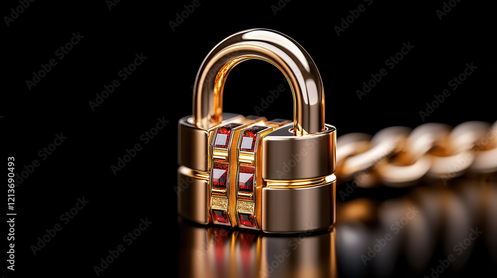 Aufkleber conceptual digital lock symbolizing security features, showcasing shiny gold padlock with intricate details and chain. This evokes sense of protection and safety