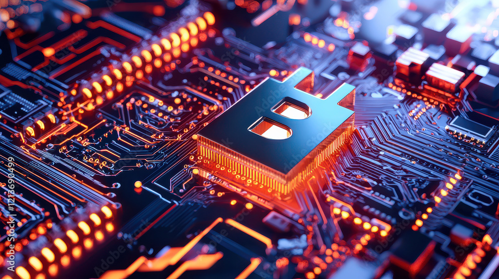 Leinwandbilder digital representation of cryptocurrency symbol circuit board, showcasing technology and finance. vi