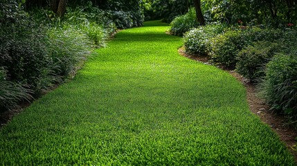 Lush green garden path, winding through foliage, sunlight dappled, serene landscape, nature design