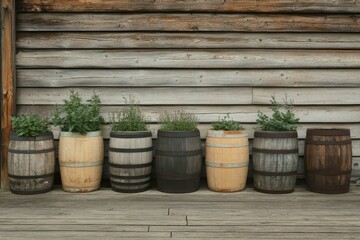 Naklejka premium Herb garden displayed in wooden barrels against a rustic wooden wall at a farmstead