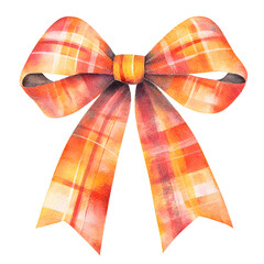 Soft watercolor ribbon bow with checkered plaid design in warm orange and red tones, perfect for festive decorations and gift wrapping