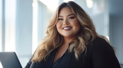 confident plus size businesswoman working on laptop