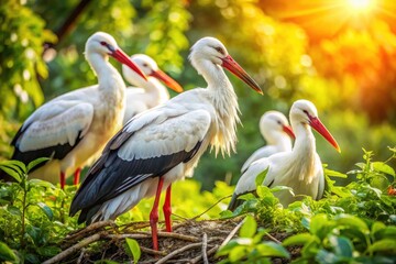 Fototapeta premium Majestic Storks in Lush Parkland: Serene Bird Photography