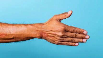 A male hand extended outward against a calming blue background, showcasing smooth skin with subtle texture details.
