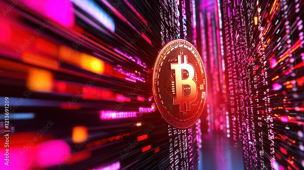 Poster conceptual image of cryptocurrency symbol emerging from digital background, showcasing vibrant color