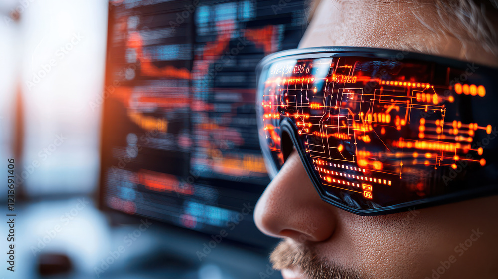 Poster innovative technology glasses reflecting data analysis on screen. image captures close up of person 