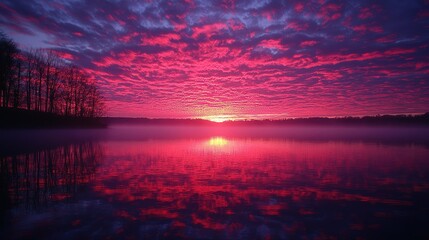 Obraz premium Crimson Sunset Over Still Lake Reflecting Trees