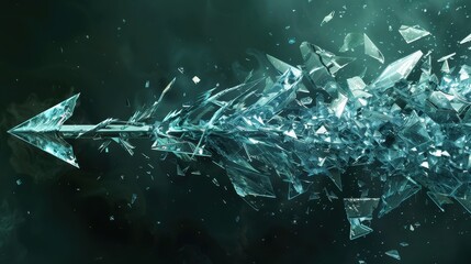 Stylized Arrow Made of Shattered Glass Pieces in Turbulent Background