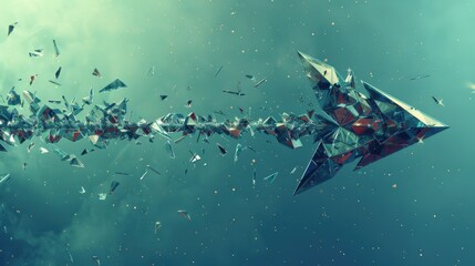 Stylized Arrow Made of Shattered Glass Pieces in Motion