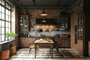 Modern kitchen design featuring wooden cabinets and industrial accents in a cozy setting
