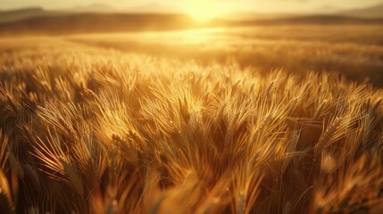 Golden Wheat Field Under Sunlight at Dawn with Endless Horizon