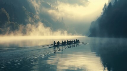 Team of Rowers Training on Misty Morning at Serene Lake
