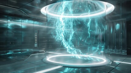 Futuristic Teleportation Chamber with Transparent Energy Effects